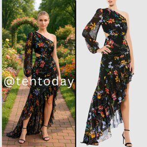 Mac Duggal 55668 Size 2 Black Floral One Sleeve Cut Out Ruffled Maxi Dress Gown